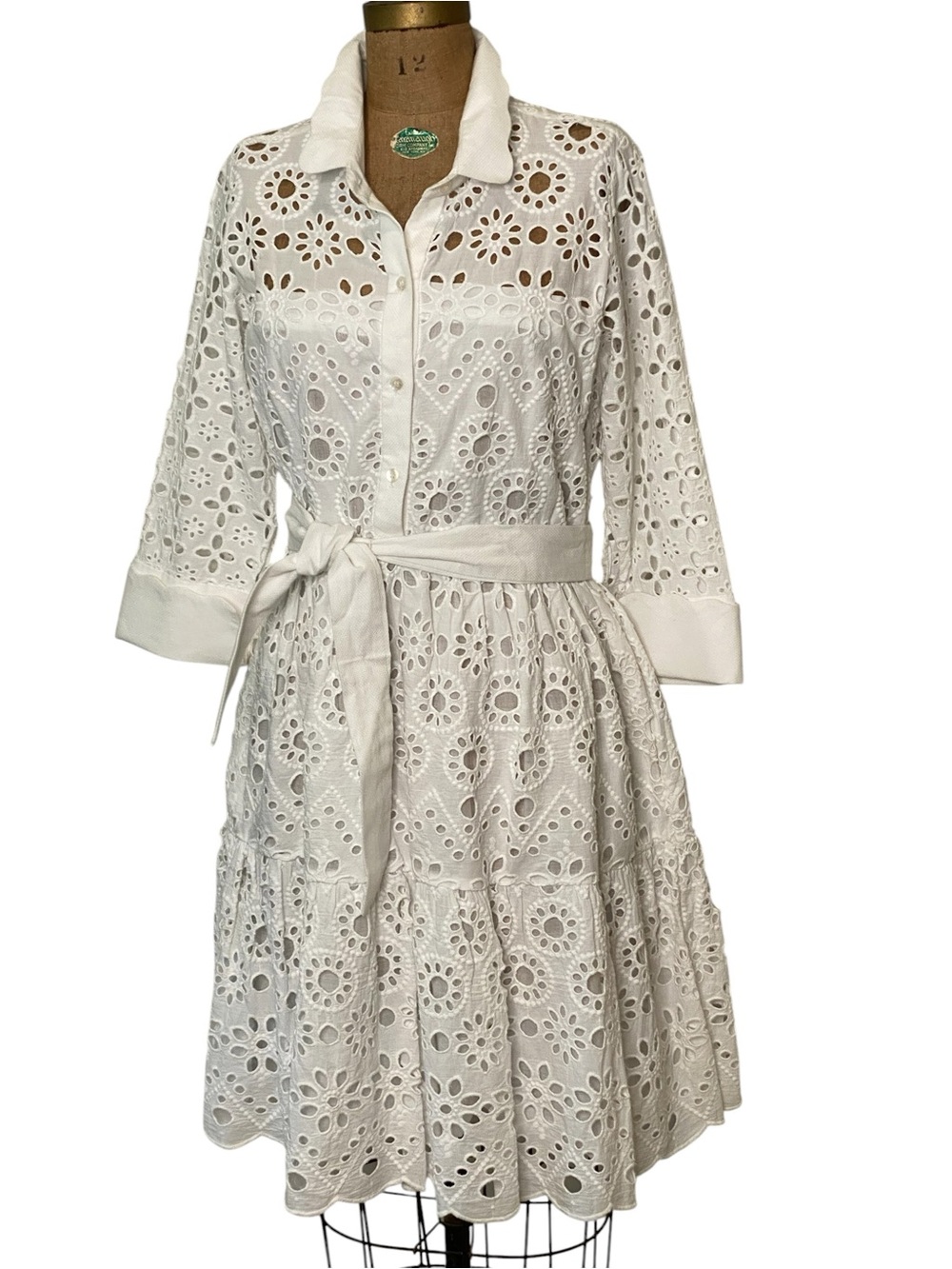 Gretchen Scott Designs White Eyelet Midi Shirt Dress with Tie Waist